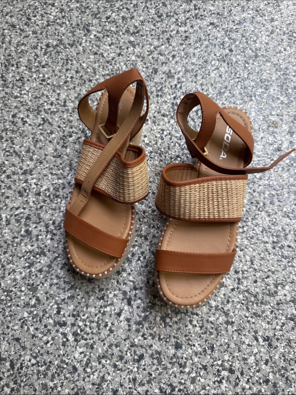 Soda Brown Woven Strap Wedge Sandals